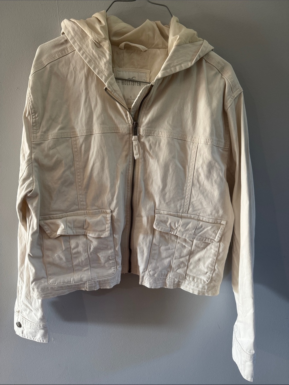 Hollister Cream Hooded Utility Jacket Full-Zip Cargo Pockets Size XL